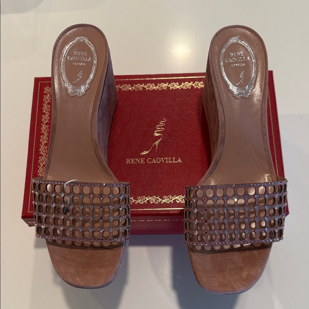 Rene Caovilla Tan Wedge Sandals size 10 crystal. The color is ginger brown peach